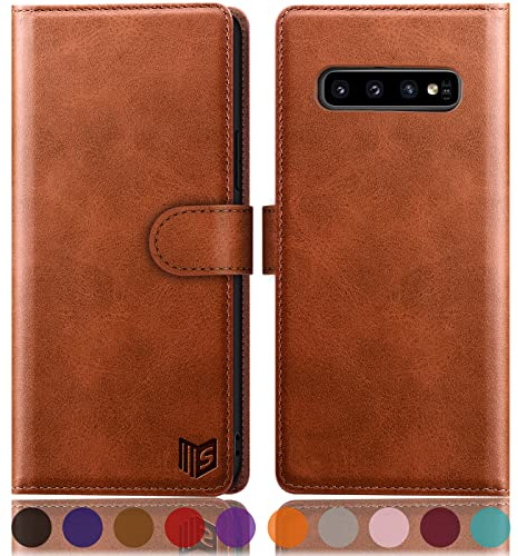 SUANPOT [RFID Schutz für Samsung Galaxy S10 hülle PU Leder handyhülle Lederhülle klapphülle Kartenfach Flip Phone Case Cover für Samsung S10 Handy hülle Phone case Cover Hellbraun