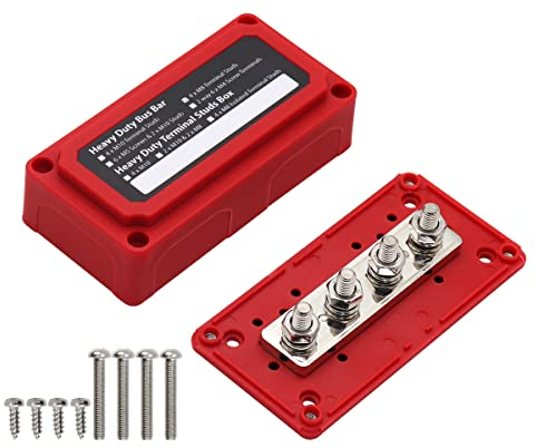 Tiardey Red 300A Bus Bar Box Heavy-Duty Module Design Power Distribution Block with 4X M8 Studs Terminal Battery Junction Block 12V - 48V DC for Marine Car Solar