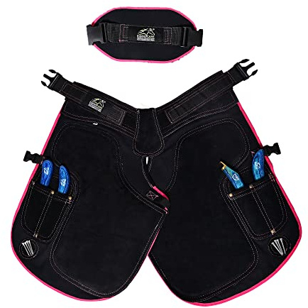 Equine Care 23 Farrier Apron Chaps for Women - Cowhide Suede Leather & Canvas, 4 Hoof Knife Pockets, 2 Magnets, Back Support, Adjustable 28-52 Waist - Farrier Tools for Horse Shoeing & Hoof Trimming