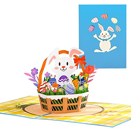 3D Pop Up Osterkarte, Frohe Ostern Karte für Kinder Kind Frauen Frau Ehemann 3D Kaninchen Grußkarten für Ostern (Hase Blumenkorb)