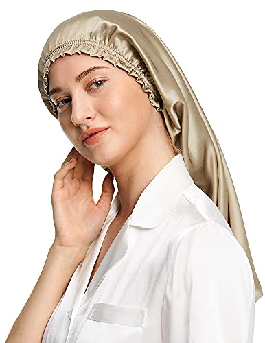 LilySilk Frauen Seide Mütze Schlafmütze mit elastischem Band für Damen Weiche Nachthaube verstellbare Schlafhaube Kopfbedeckung für langes Haar，Braun