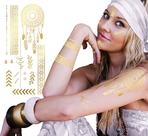 FIESTAS GUIRCA | Temporäre Tattoos Gold Hippie (14x30 cm) - FX-Make-up für Zigeuner- und Wahrsagerkostüme - Ideal für Kostümpartys, Halloween und Karneval - Unisex für Erwachsene - Gold