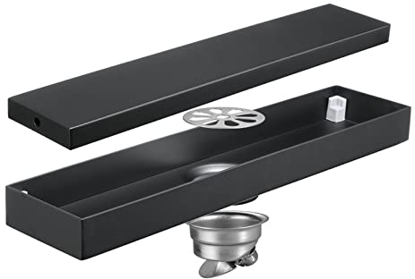 SWHC Duschrinne 60cm Herausnehmbar Duschablauf Befliesbar und Edelstahl Doppelseitig Bodenablauf Duschrinne Extra Flach Anti Geruch Haarsieb Dusche - Randablauf,Schwarz