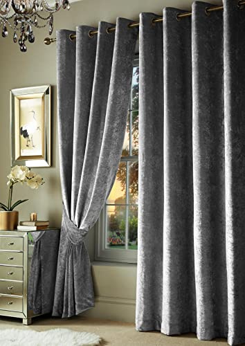 Roseley Crushed Velvet Curtains Eyelet Ring Top Fully Lined For Living Room Kitchen Bedroom 2 Panels Tiebacks Included (Dark Grey, 66 x 54'')