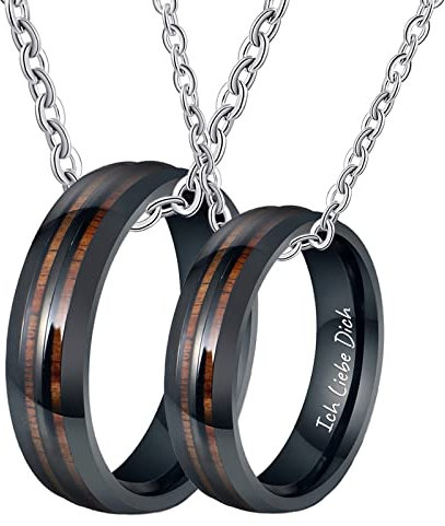 Bishilin Partnerkette mit Wunschgravur, Pärchen Halskette Ringe Schwarz 6MM mit Holz Charms Anhänger Kette Silber 60CM