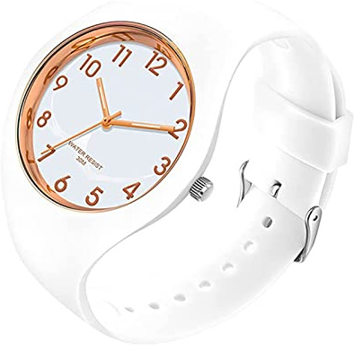 GBB Reloj analógico de cuarzo simple para mujer, con correa de silicona, esfera grande, impermeable, deportivo, casual, para mujeres jóvenes y niñas, Oro rosa blanco 6056, 100%