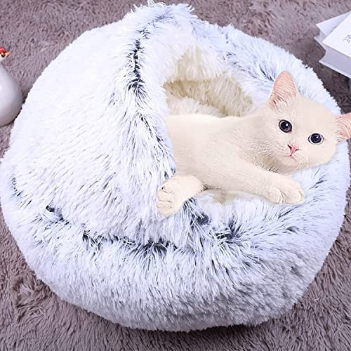 Haustierbett Katzenhöhle Bett, beruhigendes Katzenzelt, weich, warm, flauschig, 2-in-1-Katzenschlafkissen, Katzenbett mit Kapuze, rutschfest, waschbar (50 cm, Grau-A)