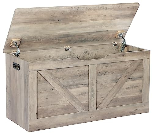 Timberer 39.4 Storage Chest, Wooden Storage Bench, Large Storage Trunk with 2 Safety Hinges, Entryway Shoes Bench for Living Room, Bedroom,Grey