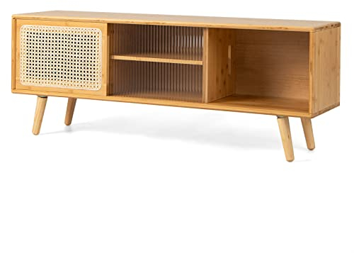 GOPLUS TV-Stander, TV-lowboard aus Bambus mit massivbeine, 2 Offene Trennwände & 2 Schränken mit Schiebetüren, Multimediazentrums mit Kabelmanagement für Wohnzimmer Schlafzimmer Büro