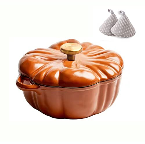 WYBZDA Émaillée Citrouille Cocotte Fonte avec Un Couvercle Revêtement Antiadhésif avec Poignées Cocotte for Braiser, Cuisson du Pain(Orange)