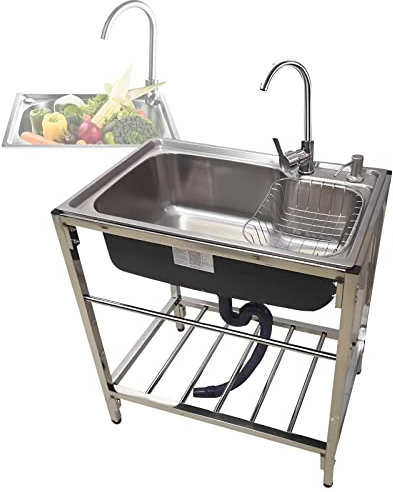 WORDFUN Fregadero De Cocina Comercial, Jardin Portatil con Grifo, Fregadero De Lavandería Portátil, Mueble Pila Lavadero, Fregadero De Acero Inoxidable, Fregadero Multiusos