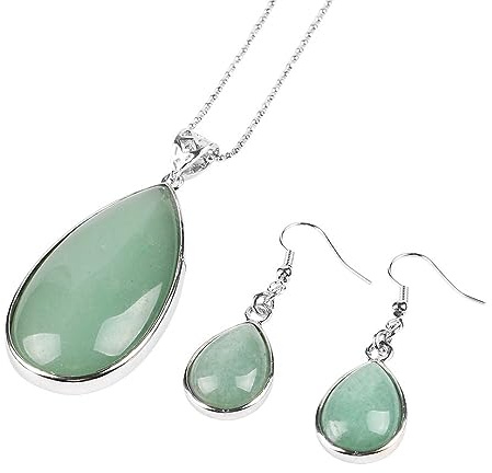 Ohrringe für Damen Wassertropfen Anhänger Baumelnde Haken Ohrringe Halsketten Sets Grüne Aventurin Tropfen Heilkristall Reiki Balance Yoga Edelstein Damen Schmucksets