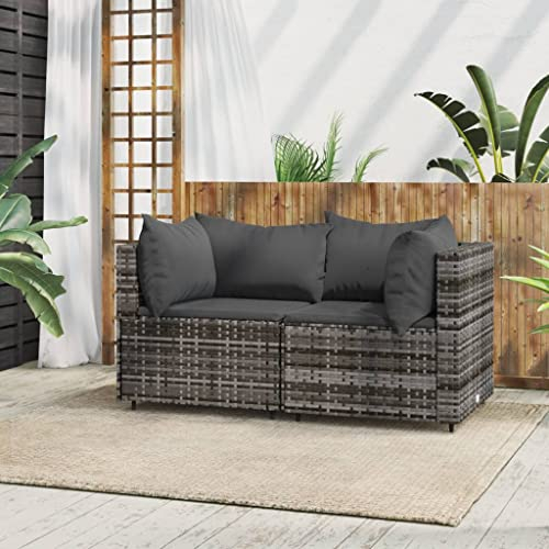 Hovothy Garten-Ecksofas mit Kissen 2 STK. Grau Poly Rattan Gartencouch Balkon Sofa Outdoor Sofa Rattansessel Rattan Stuhl Corner Sofa Ecksessel Gartenmöbel Set Balkonmöbel Set Gartensofa