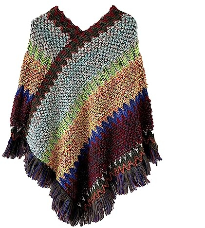 Poncho de empalme colorido para mujer con estampado nacional y borlas, bufanda de punto, bufanda con flecos, pashminas, suéter, regalos para mujeres, suéter con dobladillo de borla, bufanda, bufanda