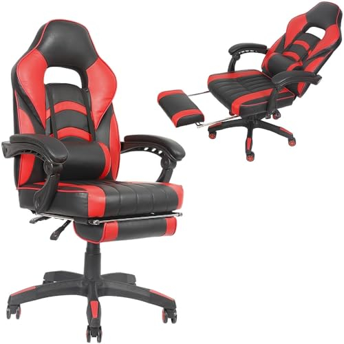 Melko Gamingstuhl Ergonomischer Bürostuhl mit Fußstütze in Schwarz Rot Racing Stuhl Office Schreibtischstuhl Chefsessel Gaming Sessel Gamer Stuhl Racer Drehstuhl Sportsitz