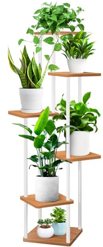 YOCOMEY Supporto per piante alto in legno, scaffale in metallo per interni, scaffale angolare per vasi di fiori, organizer per patio, soggiorno, balcone, giardino (6 ripiani, bianco)