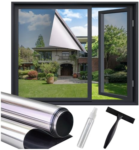 Lifetree Spiegelfolie Fensterfolie Hitzeschutz Montageset Silber 75x200cm | UV-Schutz Hitzeschutz Sonnenschutzfolie Selbstklebend Wärmeschutz, Sichtschutz Blickdicht für Fenster Innen Wohnzimmer Büro