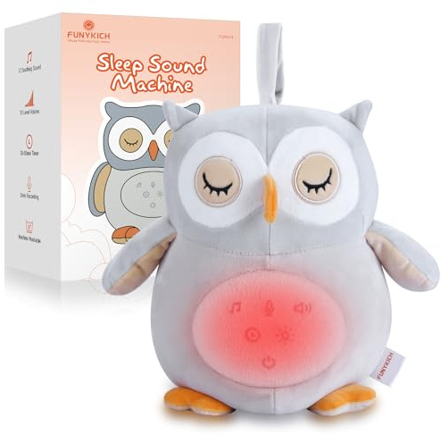 FUNYKICH Einschlafhilfe Baby mit Aufnahmefunktion, Plüschtier Eule White Noise Machine, 12 beruhigende Klänge, Nachtlicht, Wireless Lautsprecher, Timer, Abnehmbar & Waschbar, Geschenk für Neugeborene