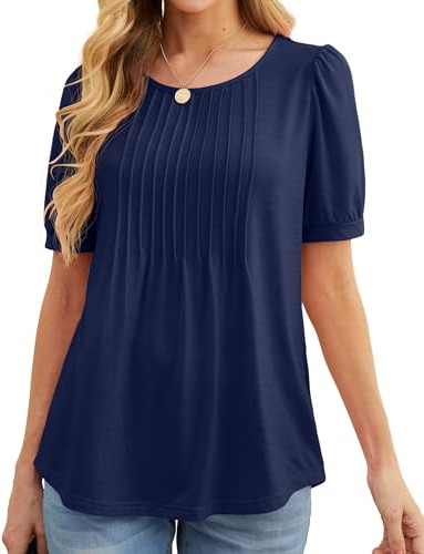 GRECERELLE Women's Pleated Short Sleeve Crew Neck Tops with Curved Hem | Front Pleat, Gathered Short Sleeves, Solid and Floral Print Colour for Easy Styling Flowy Tees T-Shirts Blouse for Ladies