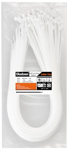 Oksdown 100 Stück 600mm × 4,8mm Weiß Kabelbinder mit 22 kg Zugfestigkeit UV-Beständig Lang Nylon Kunststoff Selbstsichernder Multifunktionaler Cable Zip Ties