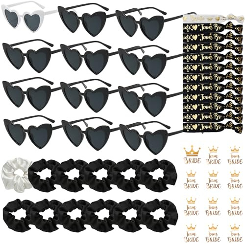 YeahBoom 48 Stück JGA Brille Team Braut,Bride to Be Herz Brille Set,12 Herz Sonnenbrille+12 Bride Haargummi+12 Bride Tattoo Aufkleber+12 Bride Armband,Jungesellinnenabschied Frau Accessoires,JGA Deko
