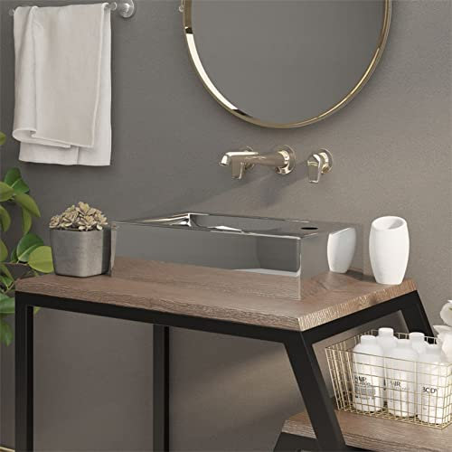 ShGaxin Lavabo avec trop-plein, lavabo sur comptoir, lavabo de salle de bain, meubles de salle de bain, meuble lavabo, 49 x 25 x 15 cm céramique argentée