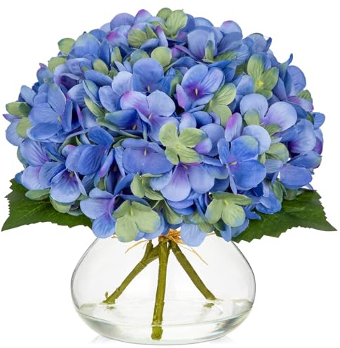 Oairse Flores artificiales de hortensias con jarrón de cristal, arreglos de flores artificiales de seda azul en jarrón con agua sintética, ramo floral a granel para decoración del hogar, boda, centro