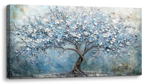 hyidecorart Blühender Baum Wandbilder Wohnzimmer 50x100 cm, Leinwand Bild Baum des Lebens Blau, Abstrakt Wanddeko Aesthetic Schlafzimmer Badezimmer Büro Zimmer Esszimmer Flur Küche