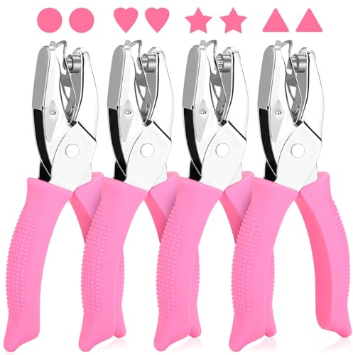 MAPVOLUT 4 PCS 1/4 Hole Punchers for Crafts, Single Hole Punch Shapes with Circle Heart Star Triangle, with Soft-Handled for Binder Scrapbooking Classroom Card Punching Reinforcement Stickers