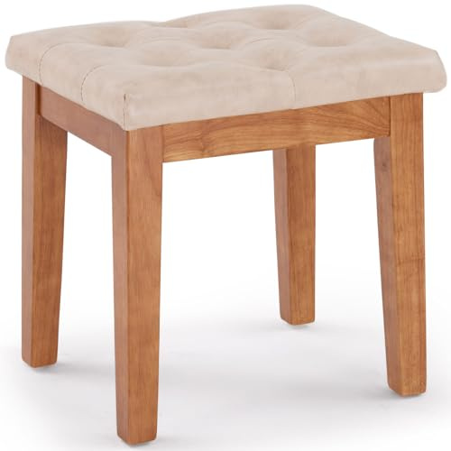 MILCIL Polsterhocker Schminktisch Hocker Sitzhocker, Gepolstert und Getuftet, Massivholz, für Eingangsbereich, Flur, Wohnzimmer, Kunstleder, Elfenbein, 42 x 32 x 44 cm