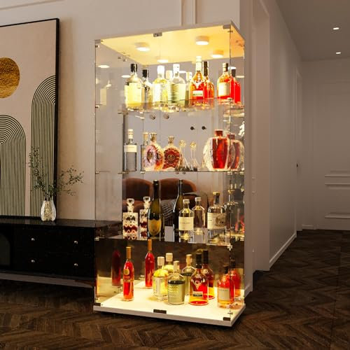 Glasvitrine Standvitrine, Schrank für Sammlung mit LED, mit 2 Türen 4 Regalen transparent Möbel Vitrine Glas Vitrine Figur Glasvitrine Wohnzimmer Bar (4 Etagen, 2 Türen + LED Spiegeleffekt, weiß)