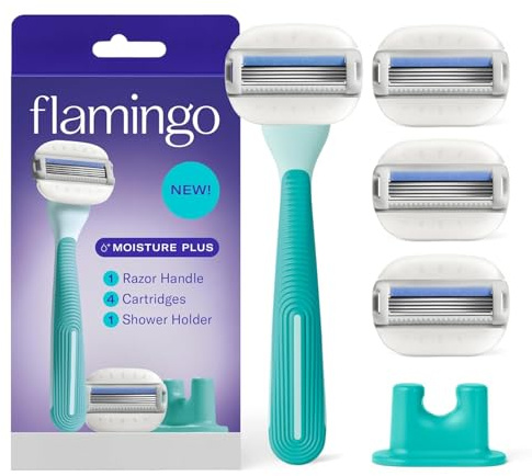 Flamingo Moisture Plus Women's Razor Set - No Shave Gel Needed - Razor Handle, 4 Blade Refills, Shower Holder - Seafoam
