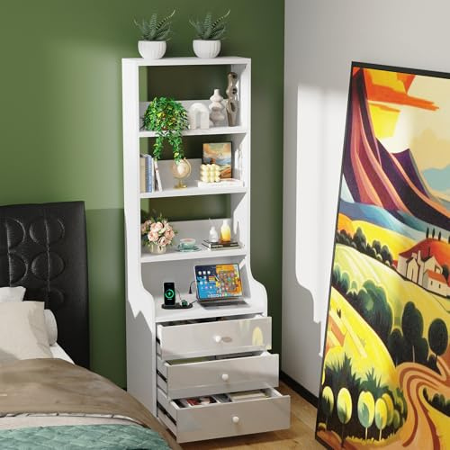 ARunThLana Table de Chevet Blanche avec Prise de Courant, avec 3 Tiroirs, Table de Nuit en Bois, 2 Prises AC, 2 Ports USB, Moderne, Blanc, pour Salon, Chambre, Bureau (1)