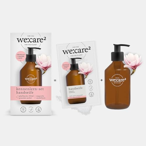 we:care² Seife Pulver Set mit Flasche (Granulat) Magnolie/Sandelholz - 29g ergibt 250ml nachhaltige & vegane Nachfüllseife ohne Silikone, Parabene & Mikroplastik - Handseife Seifenpulver