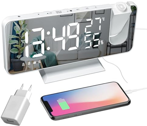 Lancoon Projektionswecker Digitaluhr mit Ladeanschluss Radio Snooze Dimmer Großbildanzeige 180° Projektor Inklusive Adapter