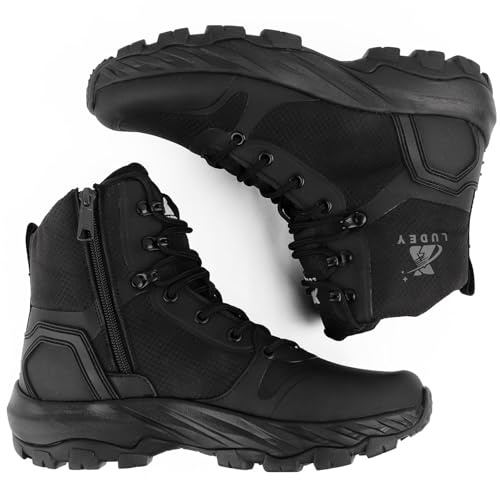 LUDEY Leggero Anfibi Stivali Militari Uomo Scarpe Tattiche con Cerniera Laterale YKK Duratura Antiscivolo Stivali da Combattimento Stivali da Polizia Confortevoli