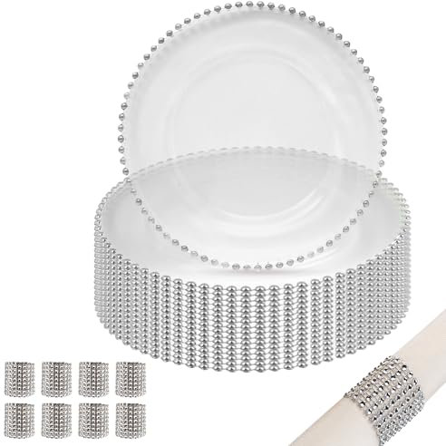 Elegant Clear Glass Charger Plates & Silver Napkin Rings Set – 10 Pcs | Beaded Design 33cm Plates for Wedding, Dining, Parties & Events – Reusable Table Setting & Decorative Placemats