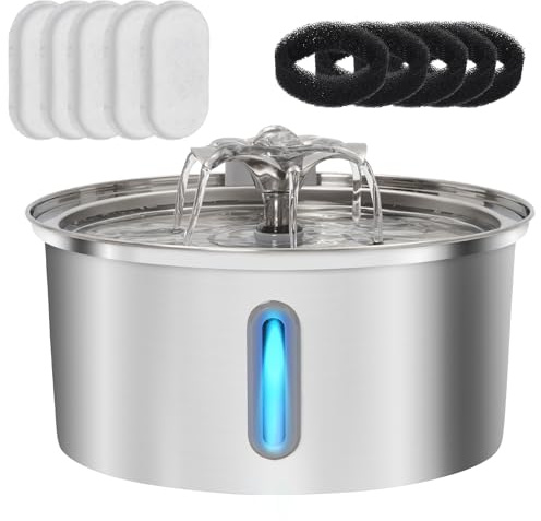 3.2L Trinkbrunnen für Katzen Edelstahl mit Sichtfenster, Ultra Leise Pumpe, 5 Ersatzfilter, Zirkulierendes Wasser