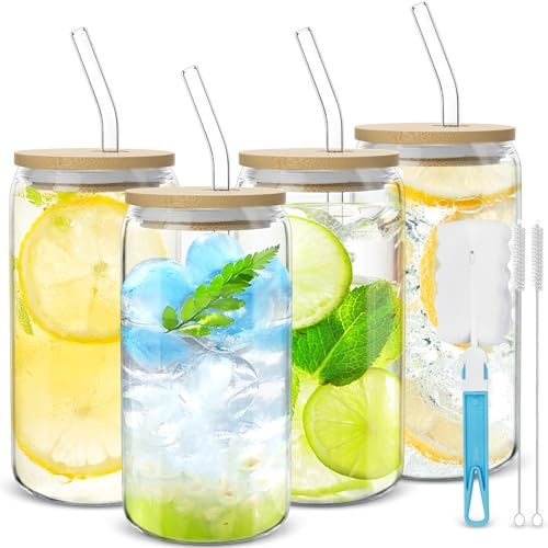 Yeelua Drinking Glasses, 4pcs Drinking Cups with Bamboo Lids and Glass Straw, 550ml Can Shaped Beer Glasses, Iced Coffee Glasses Cups, Glass Tumbler for Beer, Tea, Soda, Cocktail, Smoothie