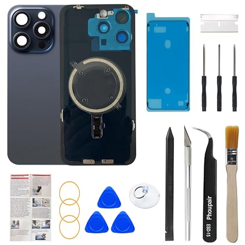 Phoupair OEM Back Glass Replacement Compatible with iPhone 15 pro max 6.7 Inches with Camera Frame and Camera Lens + Professional Repair Tool Kit and Installation Instruction (Blue Titanium)