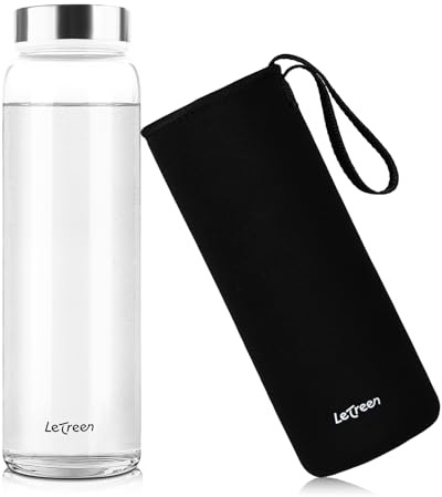 LETREEN Gourde en Verre 1 Litre, 1L avec Housse en Néoprène, sans BPA, étanche et Réutilisable, Bouteille en Verre 1 Litre pour Maison, Voyages, Sport, Yoga, Gym, Boissons Chaudes Froides, 1 Pièces