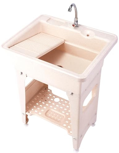 DYUNCZ Fregadero Exterior, Pila Lavadero de Plástico Independiente con Tabla de Lavar, Fregadero Multiusos con Grifo, Mangueras y Kit de Desagüe