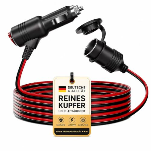 12V Zigarettenanzünder Verlängerungskabel mit Schalter – Kfz Adapter Stecker auf Buchse – Zigarettenanzünder Verlängerung für Auto Kühlbox, Wohnmobil & Camping – robuste 12V Verlängerung