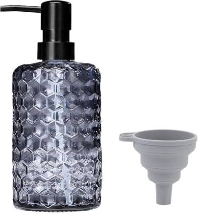 Seifenspender Glas - 500ml Glas Schwarz Seifenspender Spülmittelspender für Badezimmer Küche Nachfüllbarer Pumpspender Wabendesign Hand Seifenspenders mit Schwarz Kunststoffpumpe&Etiketten Trichter