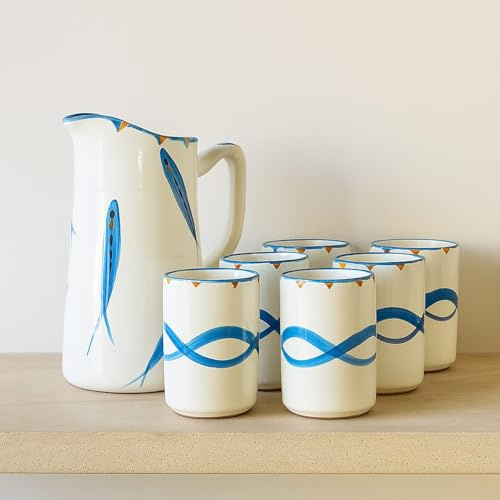 Set Brocca 1 Lt con 6 Bicchieri 200 ml in Ceramica Stile Vietrese Dipinta a Mano – Servizio da Tavola Elegante-Vietri-Costiera Amalfitana-Caltagirone-Sicilia-0508251003