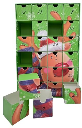 Bambelaa! Calendario dell'Avvento fai da te da riempire per bambini, adulti, cartone e plastica, 24 scomparti, decorazione natalizia, decorazione natalizia, motivo renna, ca. 38,5 x 26 x 6,5 cm