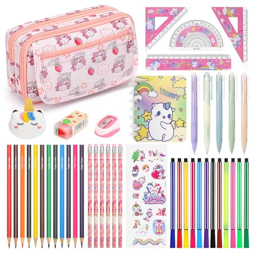 Osmikalo 45 Pezzi Set Cancelleria Unicorno Bambina, Astuccio Unicorno con Scomparti, Materiale Scolastico con Righelli, Set Penne, Pennarelli & Matite Colorate, Regalo Bambina 5 6 7 8 9 Anni, Rosa