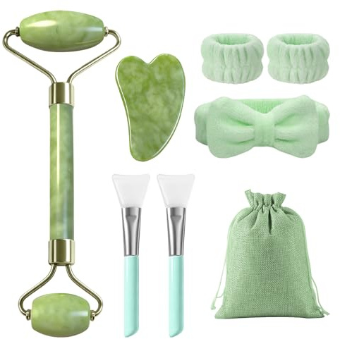 flintronic 8 en 1 Gua Sha Facial Rodillo de Jade, Juego de Rodillo Cara Masaje y Piedra Gua Sha, Masajeador Facial Jade, Rodillo Facial Masaje,Guasha Piedra,Diadema,Cepillo Mascarilla Silicona,Bolsa