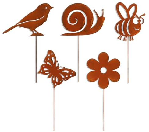 PIujsym 5 Stück Gartenstecker Rost Set - Rostige Vögel, Schnecken, Bienen, Schmetterlinge, Blumen, Gartendeko Rost Für Draußen, Gartendeko Für Draußen Wetterfest, Blumentöpfe, Zwischen Den Blumen