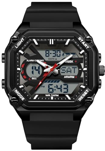 findtime Quadratische Herrenuhr Digital Analog Militär Sportuhr Rechteckige Männer Tactical Design Hintergrundbeleuchtung 5ATM Wasserdicht Chronograph Stoppuhr Kalender Wecker Schwarz